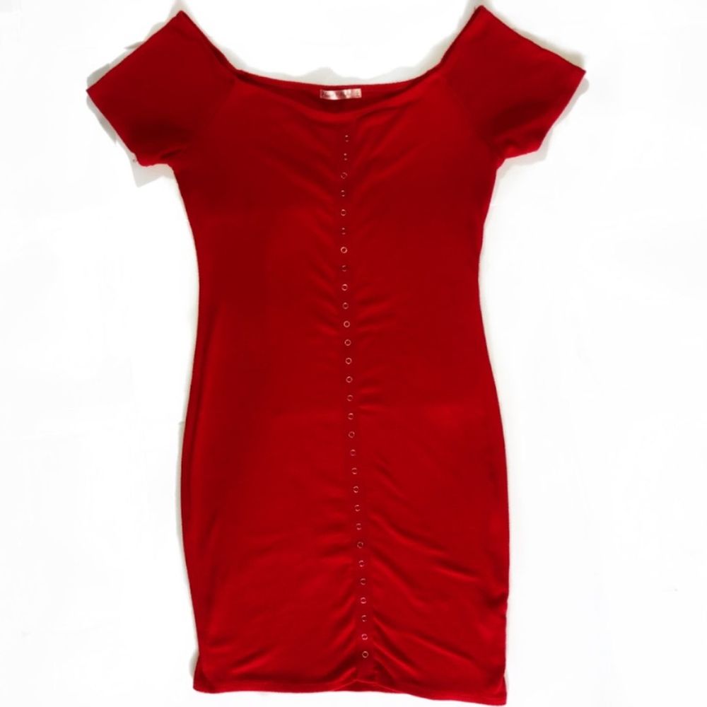 Red Ribbed Off-Shoulder Dress